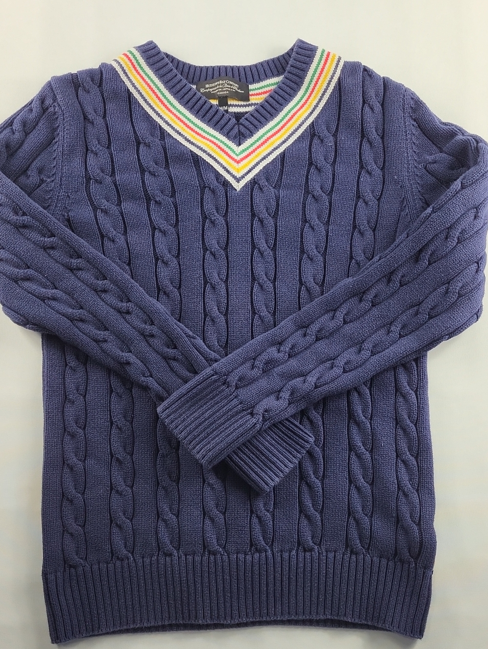 Hudson's Bay Company Navy Cable Knit Cricket Sweater V-Neck Stripes